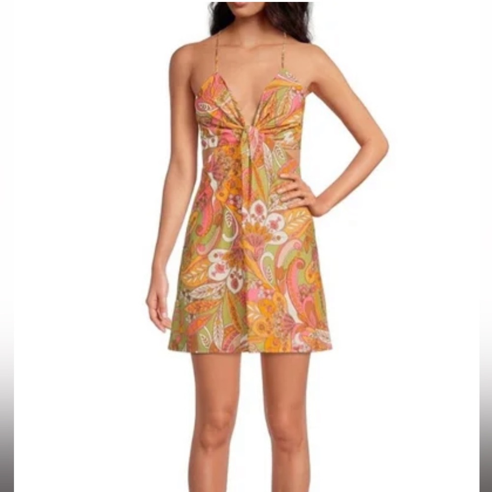 Gianni Bini Ruby Paisley V-Neck Sleeveless Mini Dress 70's Style Cutouts